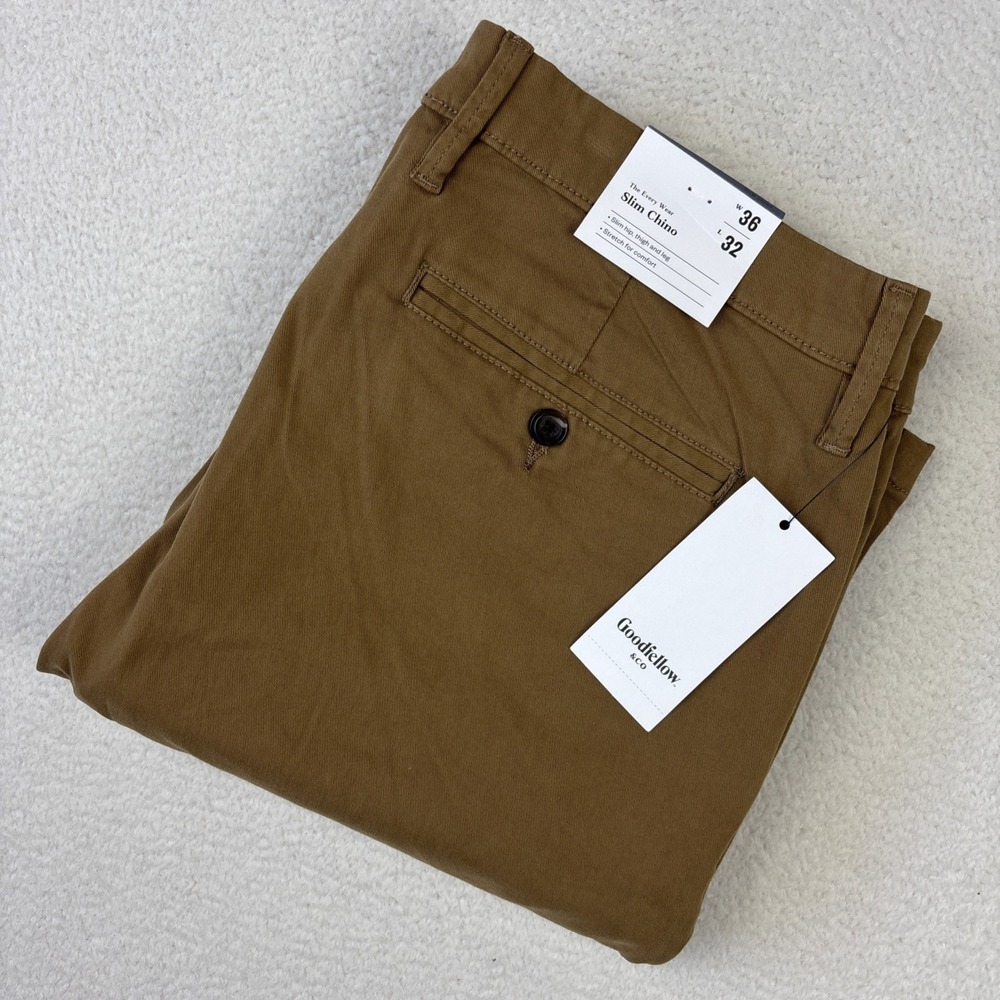 NEW GOODFELLOW Mens 'Slim Chino' Pants Size 36/32 Khaki Brown Stretch Casual NWT